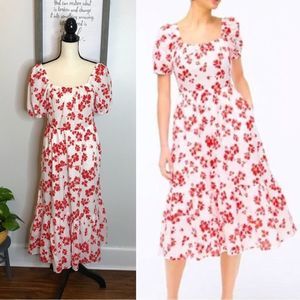 J. CREW • SIZE: 6 • BEAUTIFUL LINED WHITE MIDI DRESS WITH RED FLORAL PRINT